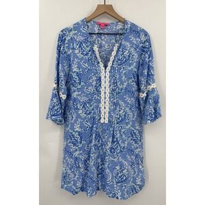 Lilly Pulitzer Dress Womens Small Blue White Crochet Beach Preppy 3/4 Sleeve